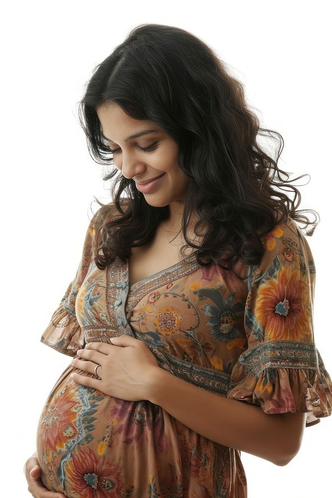 Pregnant latin woman portrait smiling looking.