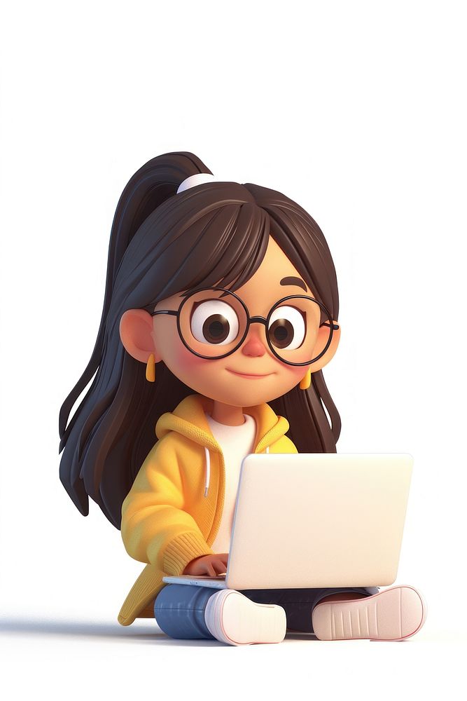 A girl using laptop computer cartoon white background.