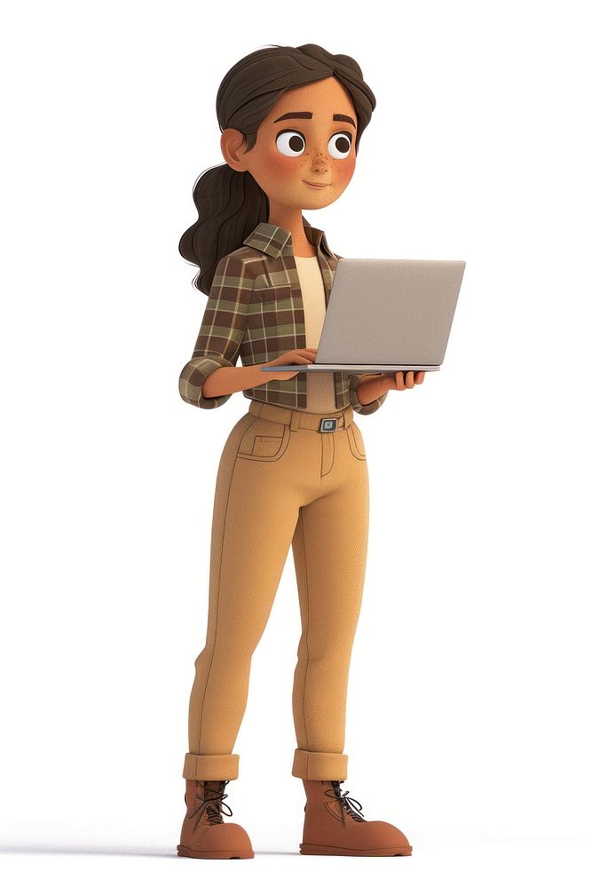 A girl using laptop computer cartoon plaid.