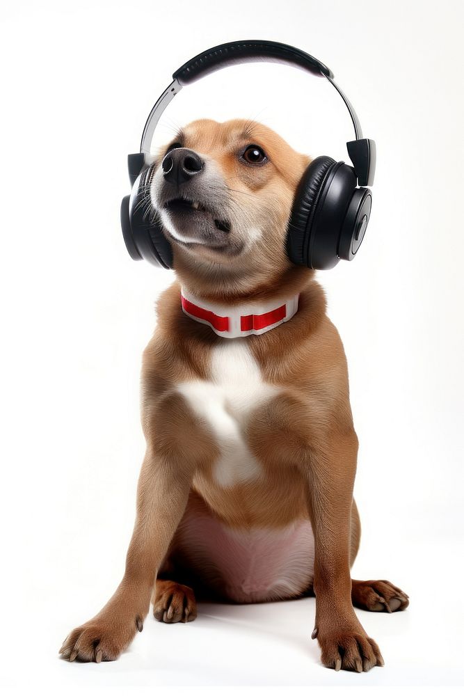 An Adorable dog listening music with headphones headset mammal animal.