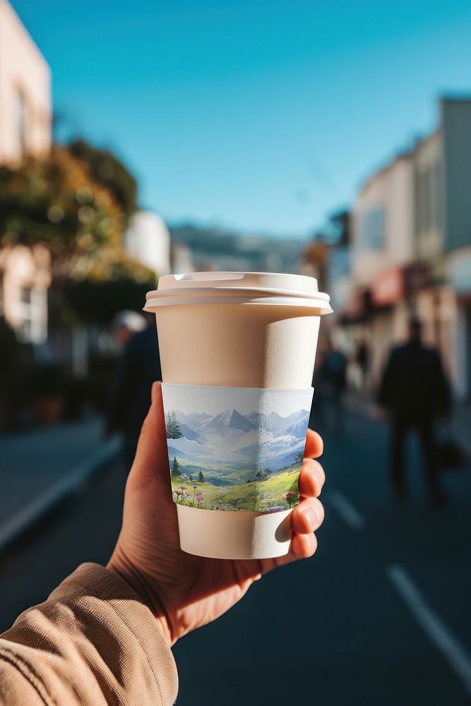 Hand holding takeaway coffee cup
