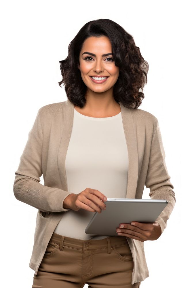 A latin woman computer smiling white background.