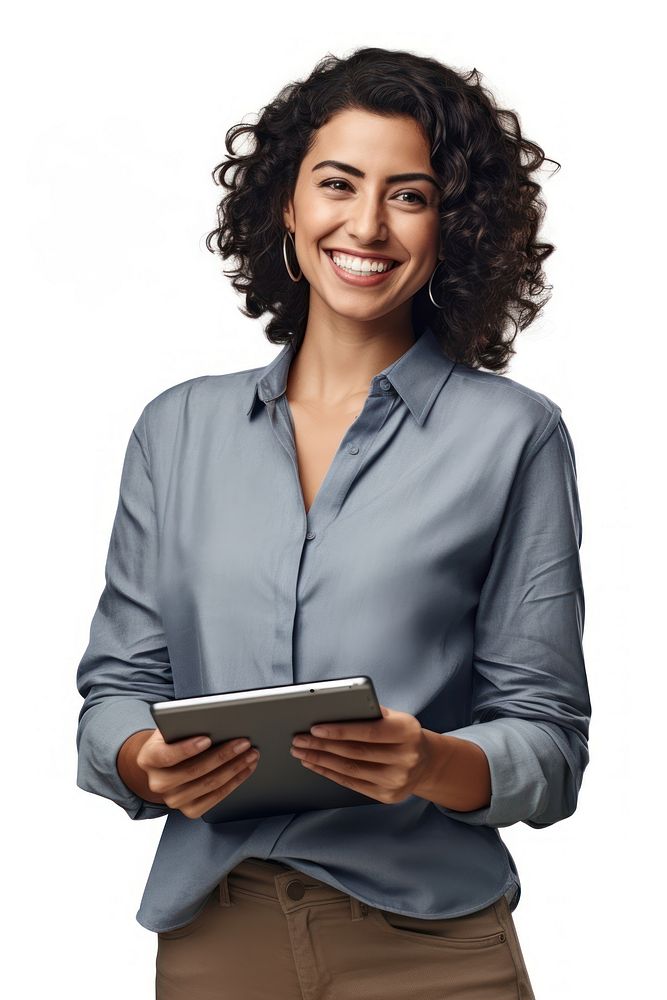 A latin woman computer smiling blouse.