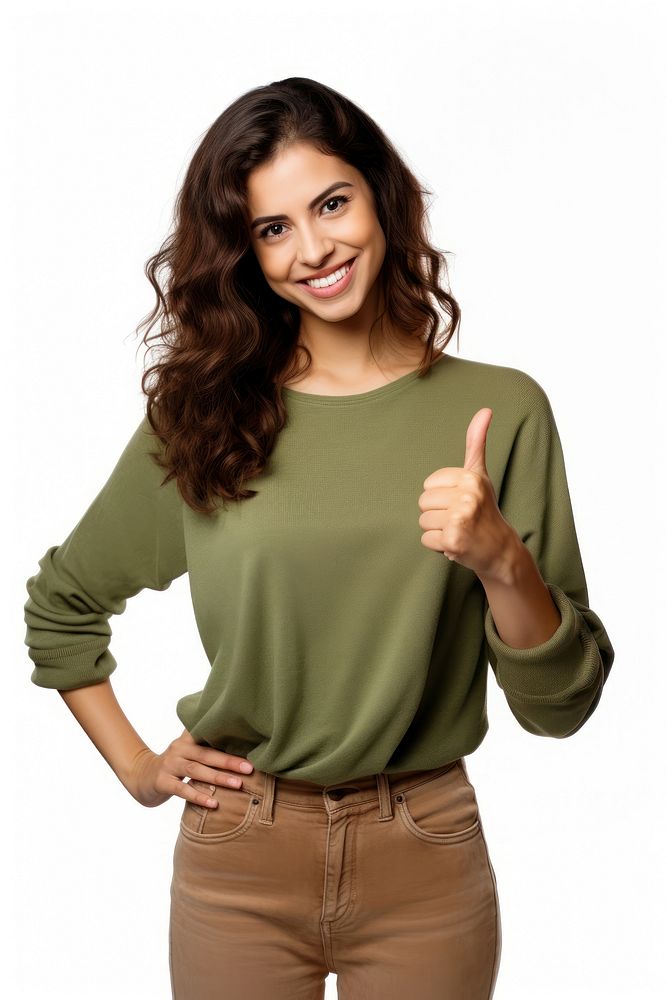 Brunette woman hand pointing smiling. AI generated Image by rawpixel.