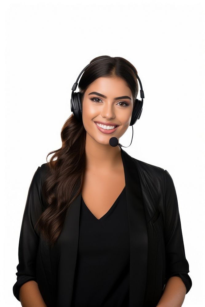 Young latin woman portrait headset headphones.