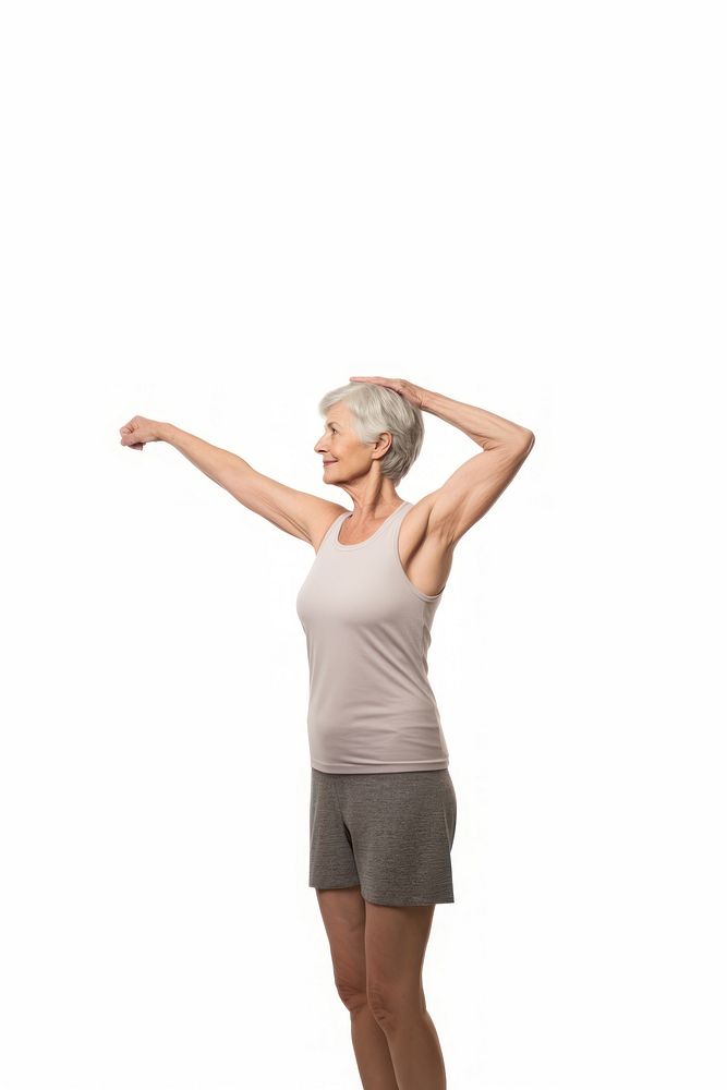 Senior british woman stretching adult back.