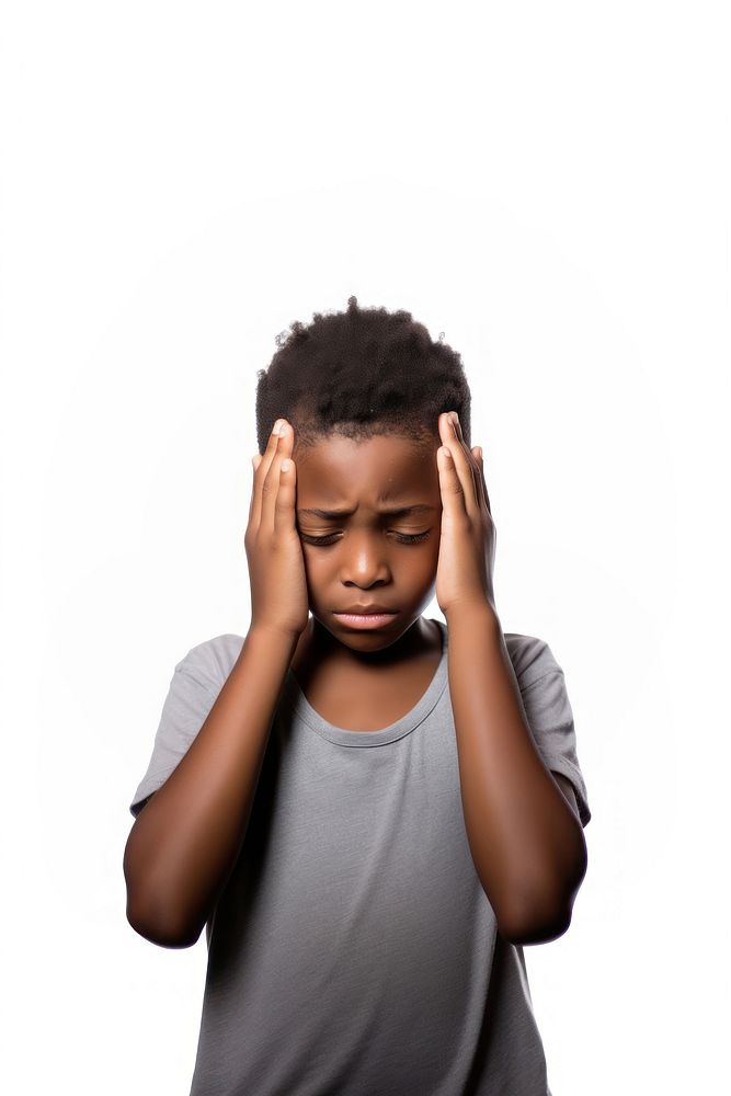 Young black boy pain head white background. AI generated Image by rawpixel.