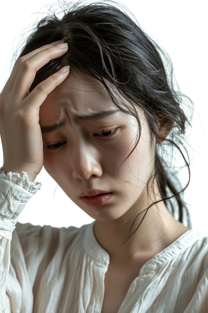 Young chinese woman crying worried adult. 