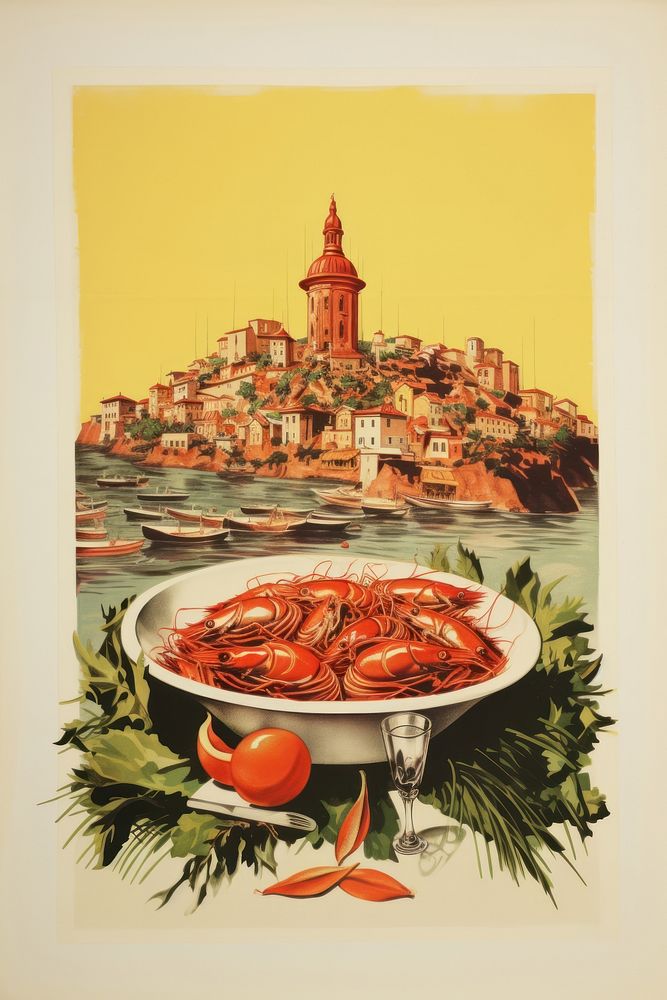 Paella Valenciana food painting lobster. AI generated Image by rawpixel.