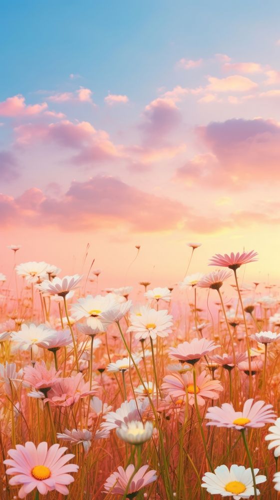  Field of daisy landscape sky grassland. AI generated Image by rawpixel.