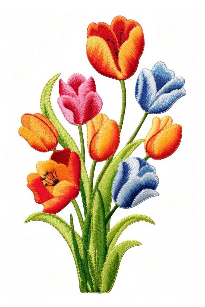 Tulip flower embroidery plant white background. AI generated Image by rawpixel.