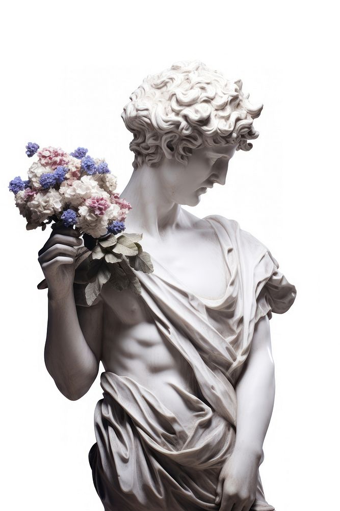 Greek sculpture holding flower bouquet statue plant white.