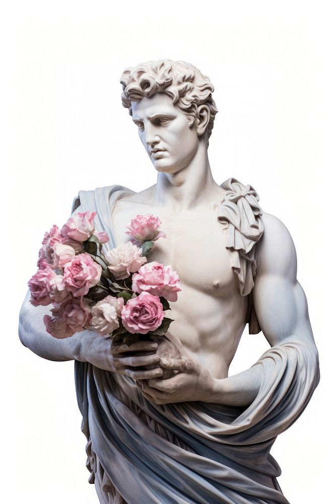 Greek sculpture holding flower bouquet statue adult plant.