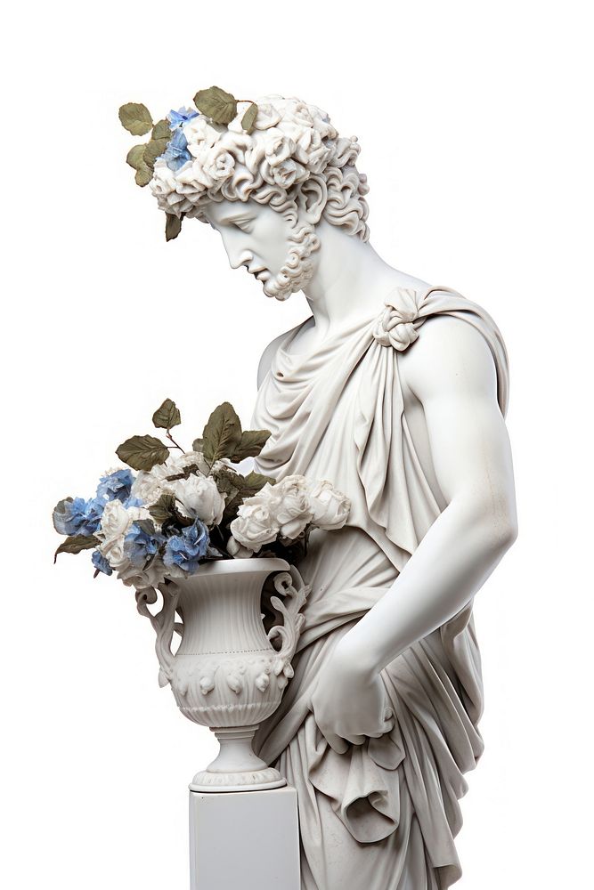 Greek sculpture holding flower bouquet statue plant adult.