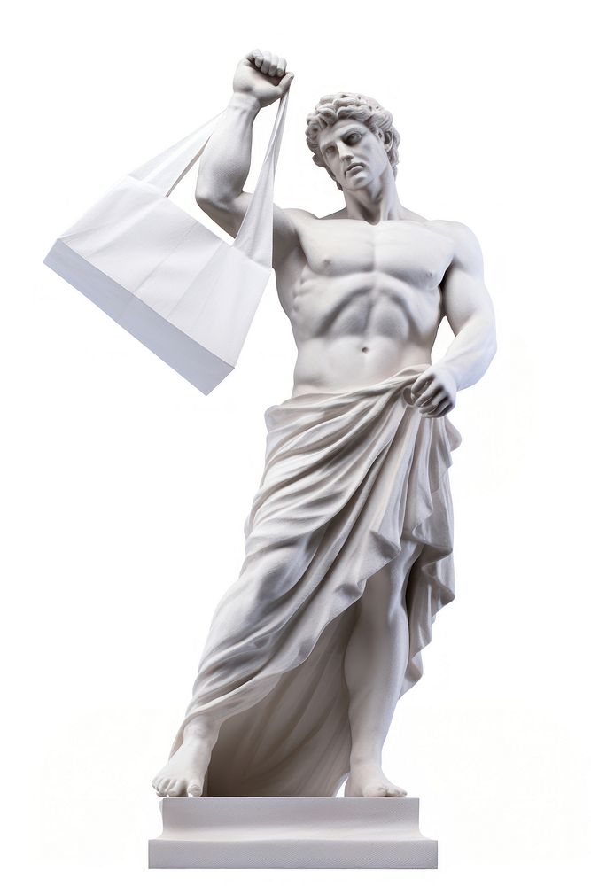Greek sculpture holding shopping bag statue art white background.