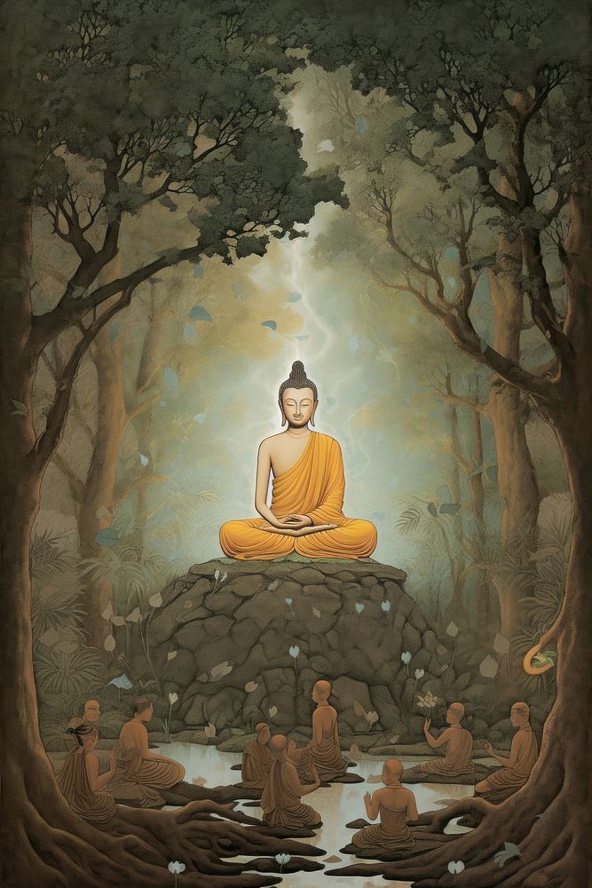 Buddha under bodhi tree painting adult art. AI generated Image by rawpixel.