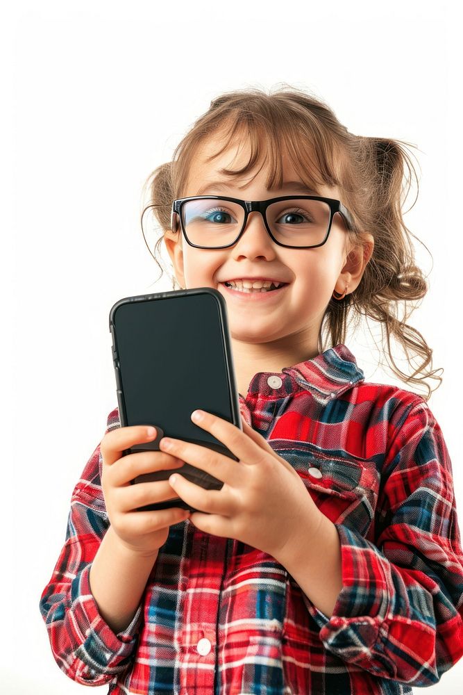 Child holding a phone portrait glasses photo. AI generated Image by rawpixel.
