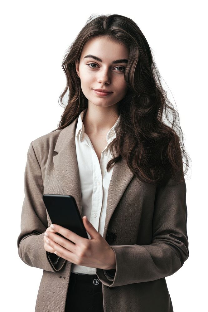 Woman holding a phone portrait photo white background. AI generated Image by rawpixel.