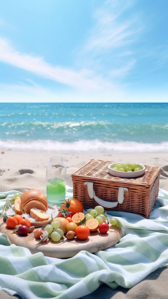  Beach picnic fruit food tranquility. AI generated Image by rawpixel.