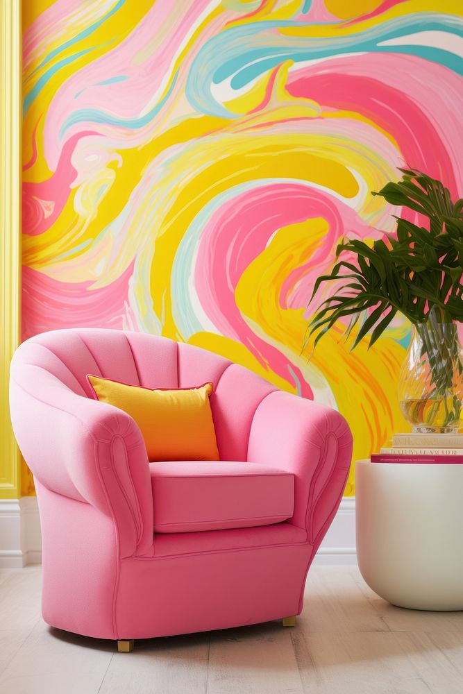 Hot pink armchair furniture wallpaper painting.