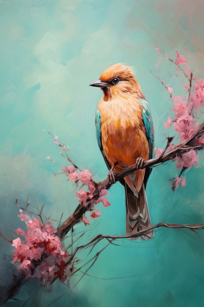 Bird on a branch painting blossom animal. AI generated Image by rawpixel.