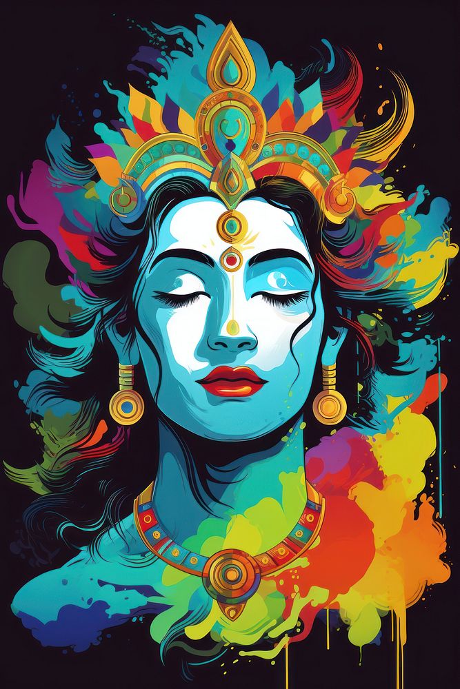 Hinduism indian god Krishna art painting portrait.