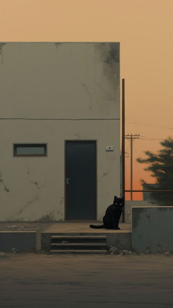 Minimal space cat in front of a suburb house city architecture loneliness.