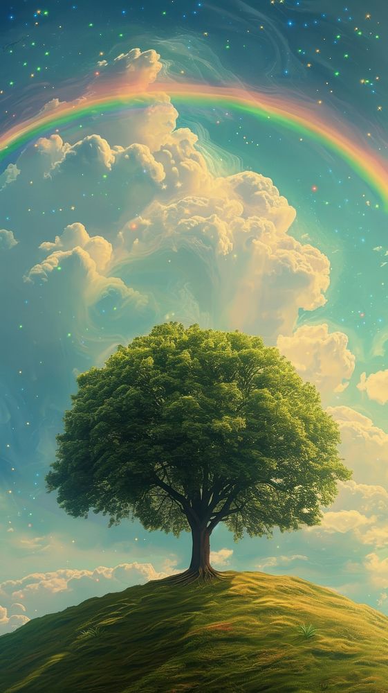 Rainbow green tree sky.