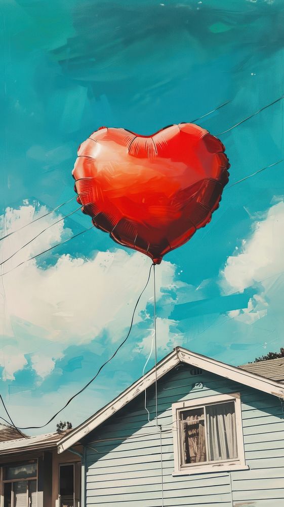Minimal space heart shape balloon in front of a suburb house painting architecture building.