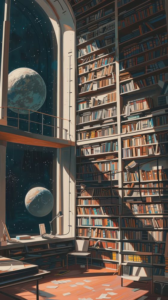 Minimal space library publication astronomy bookshelf.