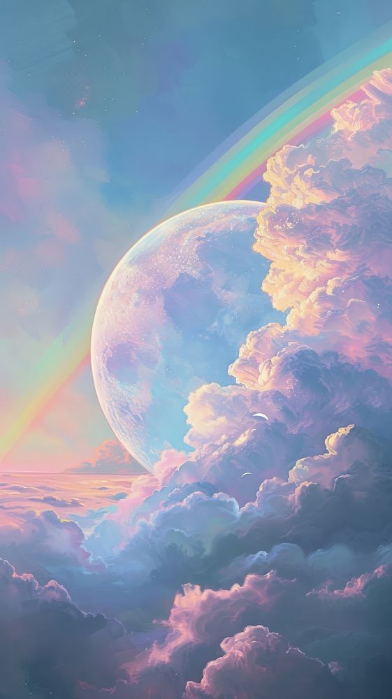 Rainbow space moon sky.
