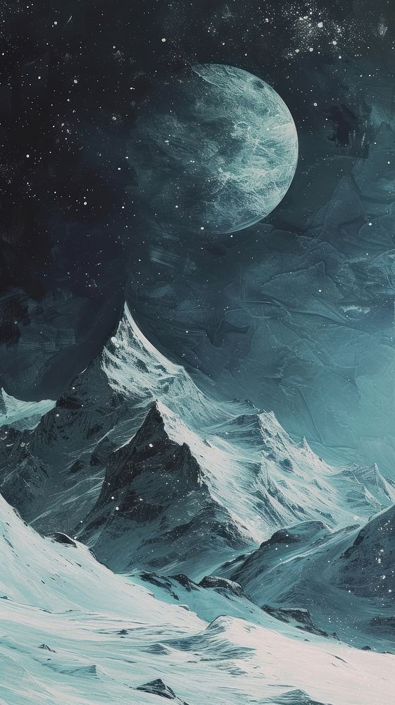 Minimal space snowy mountains astronomy painting nature.