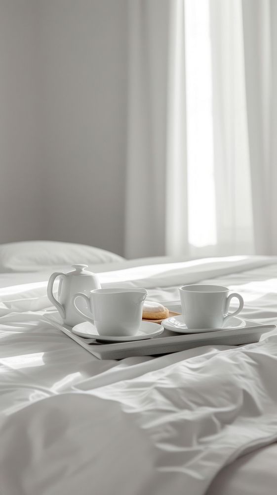 Breakfast tray on hotel bed furniture saucer coffee.