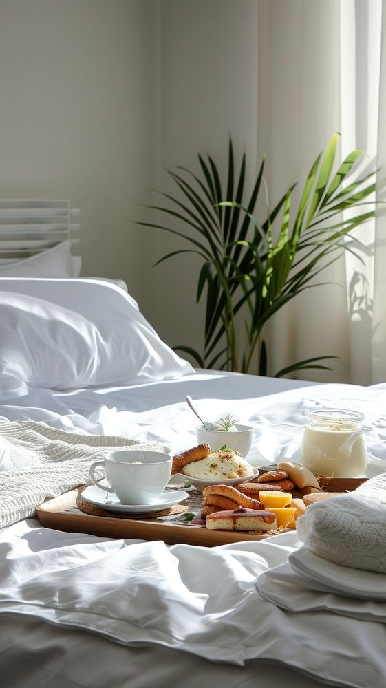 Breakfast tray on hotel bed room furniture bedroom.