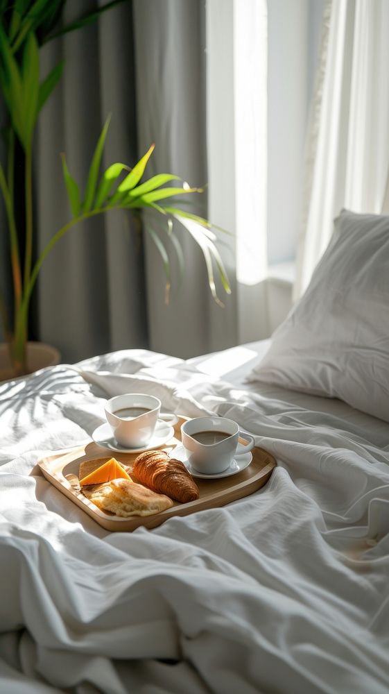 Breakfast tray on hotel bed furniture blanket pillow.