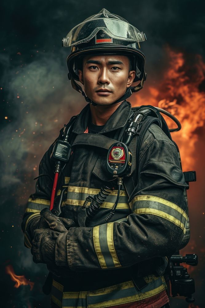 Malaysian man firefighter extinguishing architecture protection.