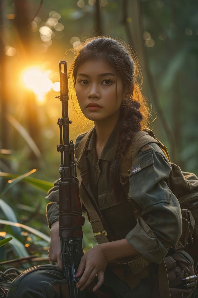 Thai woman soldier military weapon nature.