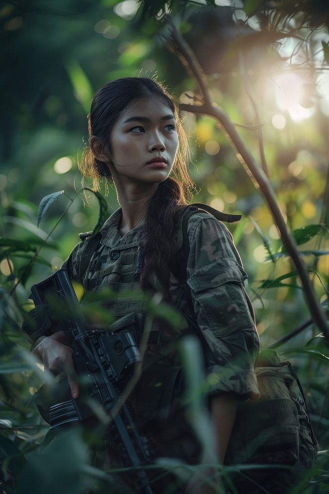 Thai woman soldier military weapon nature.