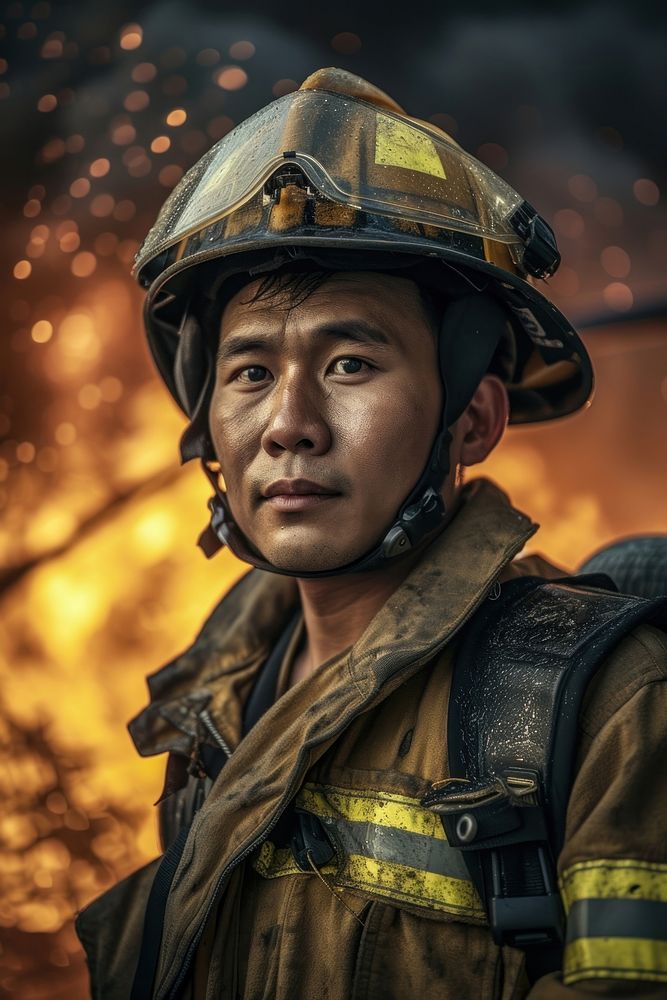 Vietnamese man firefighter helmet adult extinguishing.