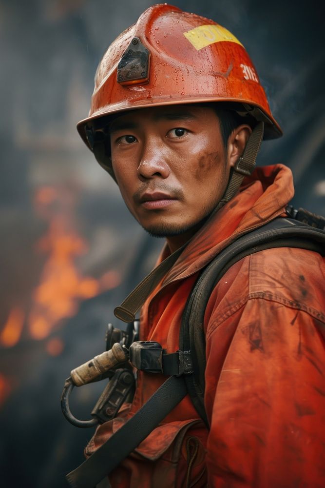 Vietnamese man firefighter hardhat helmet adult.