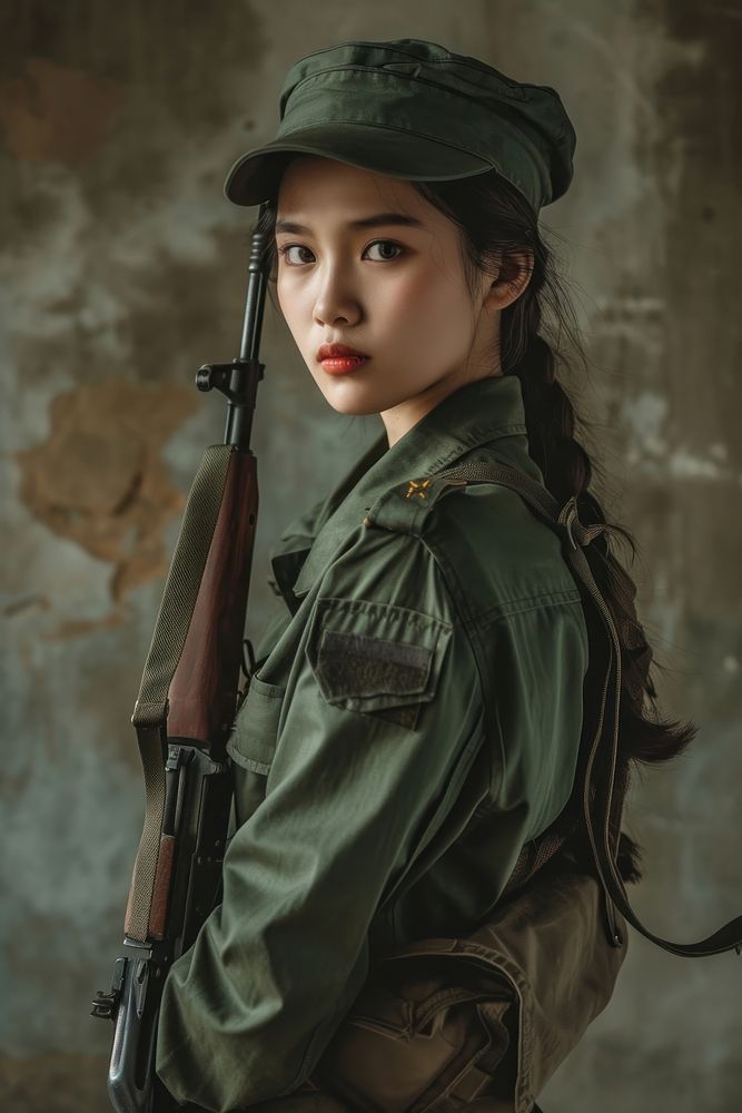 Vietnamese woman soldier military weapon army.