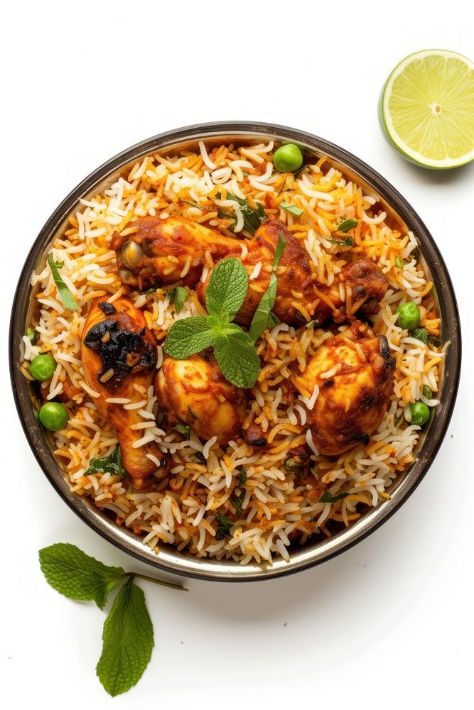 Photo of chicken biryani food meal white background.