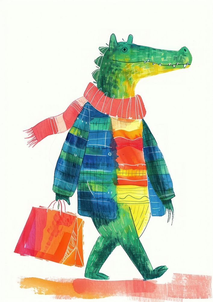 A crocodile carrying a shopping bag walking art toy.