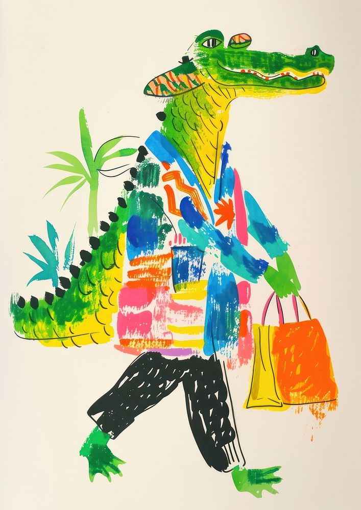 A crocodile carrying a shopping bag reptile art representation.
