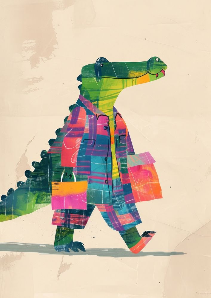 A crocodile carrying a shopping bag art toy representation.