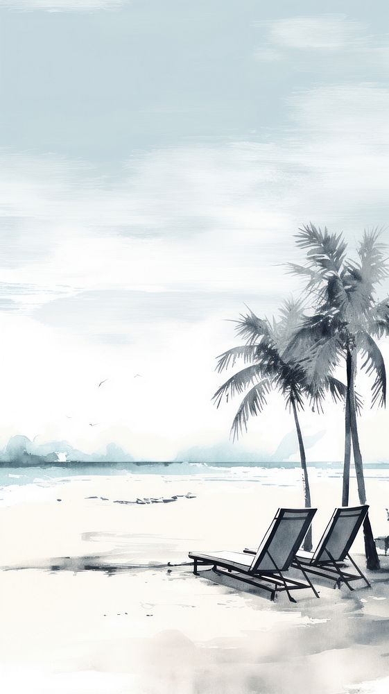 Coconut trees and beach chair furniture outdoors horizon.