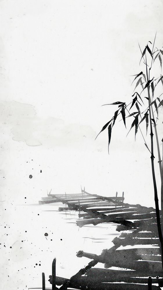 Bamboo raft on Lake painting drawing sketch.
