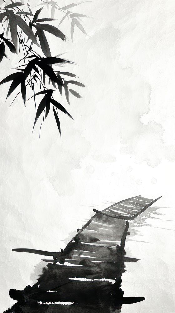 Bamboo raft on Lake drawing sketch white.