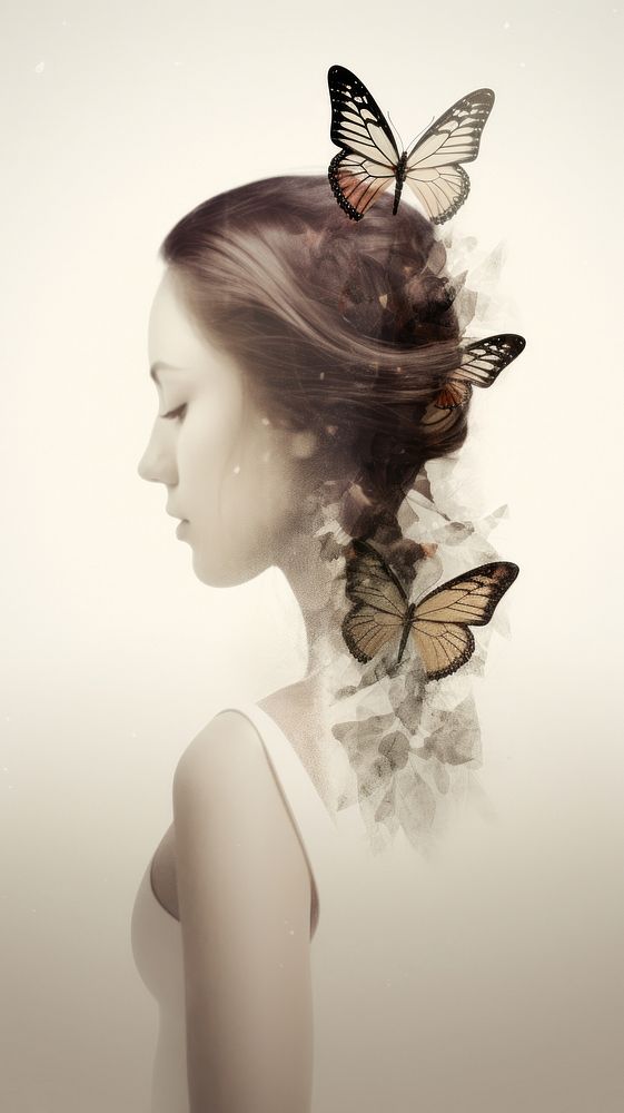 Photography of woman and butterfly wallpaper portrait insect contemplation.