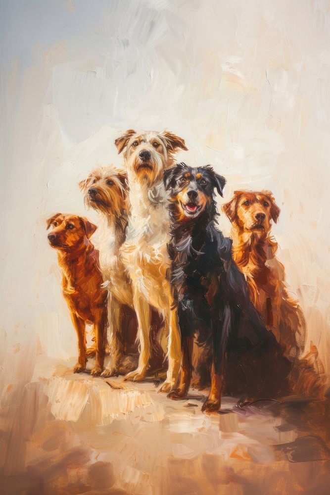 A group of dogs standing proudly as winners of a contest painting drawing mammal.